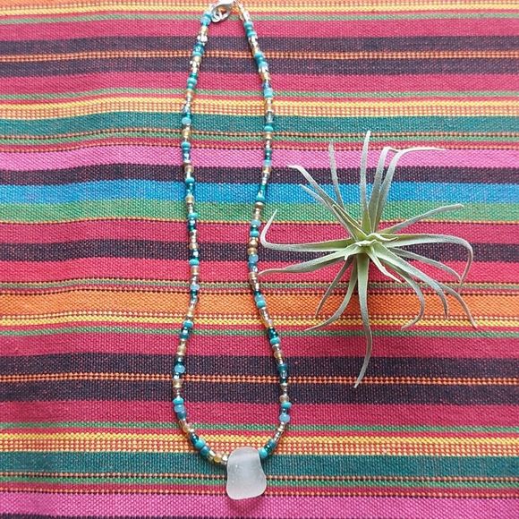 Beach Glass Necklace, Sea glass Necklace, Boho, Blue - Picture 4 of 12